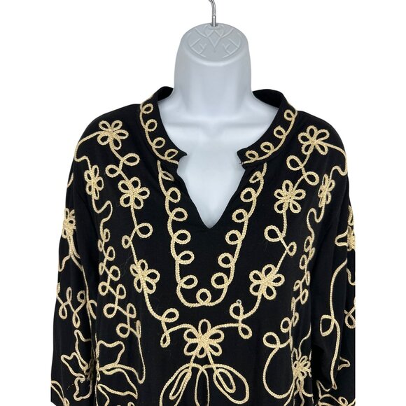 Catherines Black Tunic Top With Gold Floral Embroidery 3/4 Sleeves V-Neck Sz 1X - Picture 4 of 10
